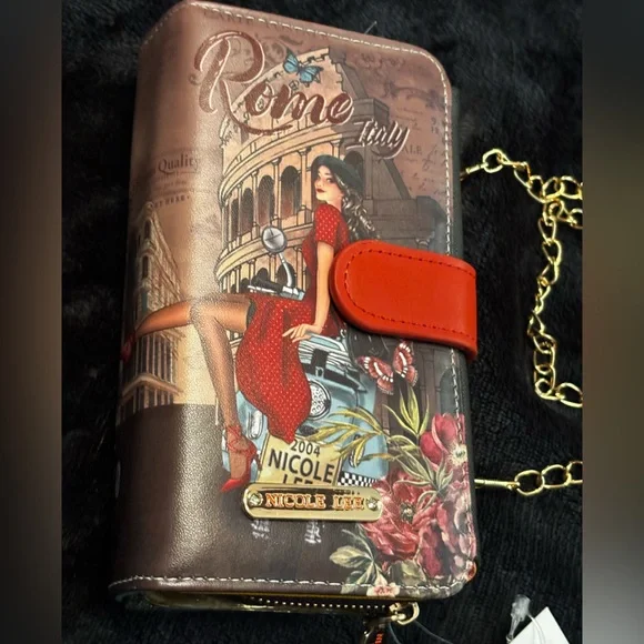 NEW🔥Nicole Lee wallet Croosbady   with chain Brown colorful ❤️🤎💙phone case - Picture 12 of 13